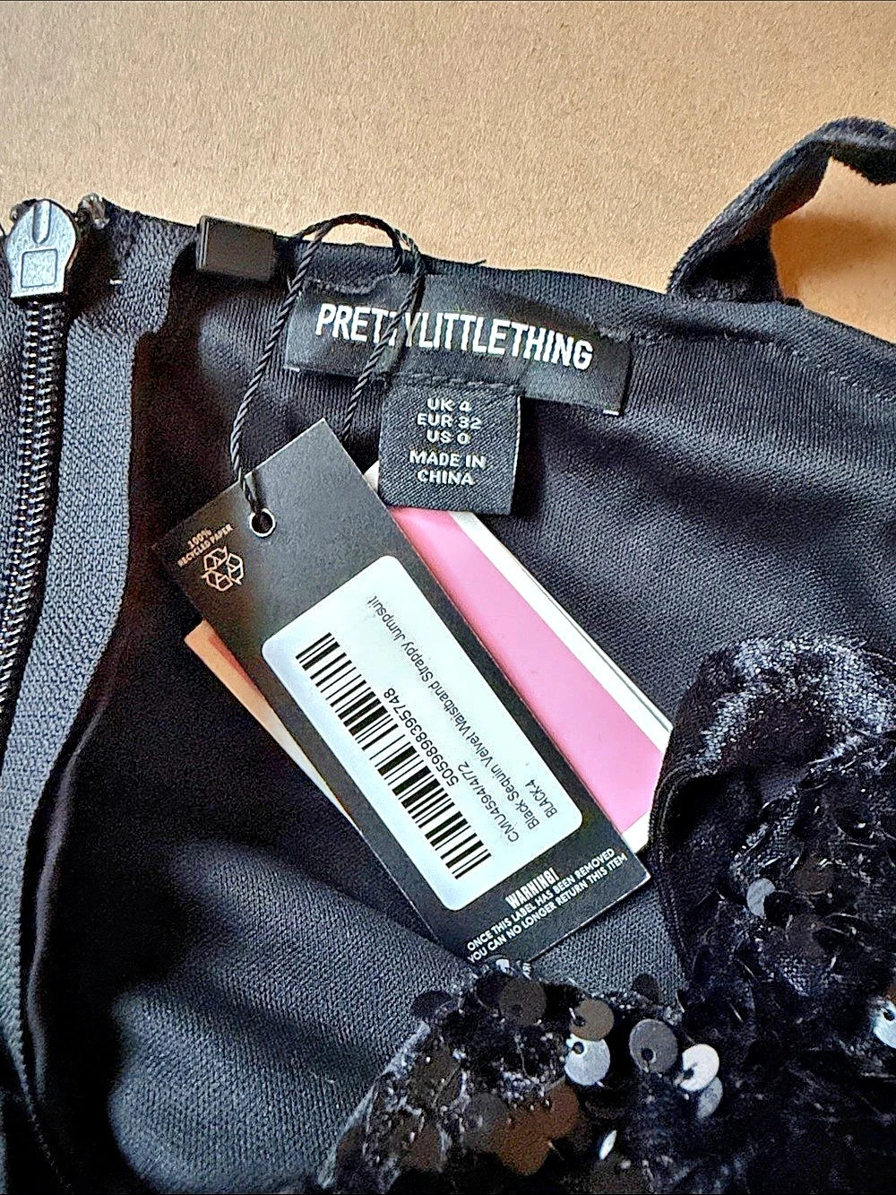 PrettyLittleThing Black Sequin Velvet Waistband Strappy Jumpsuit Black Medium